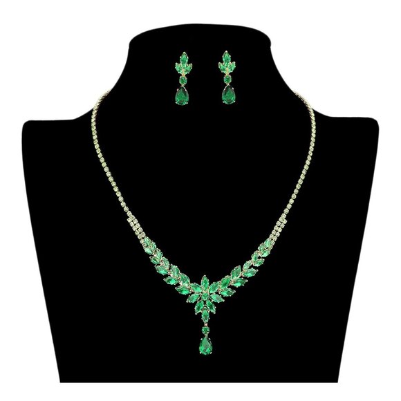 Tigerstars Emerald Marquise CZ Stone Cluster Flower Teardrop Rhinestone Necklace - Picture 1 of 1